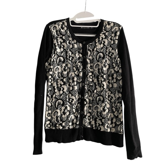 7th avenue Sweaters - 7th Avenue  Black and Cream Floral Print Long Sleeve Cardigan Size S